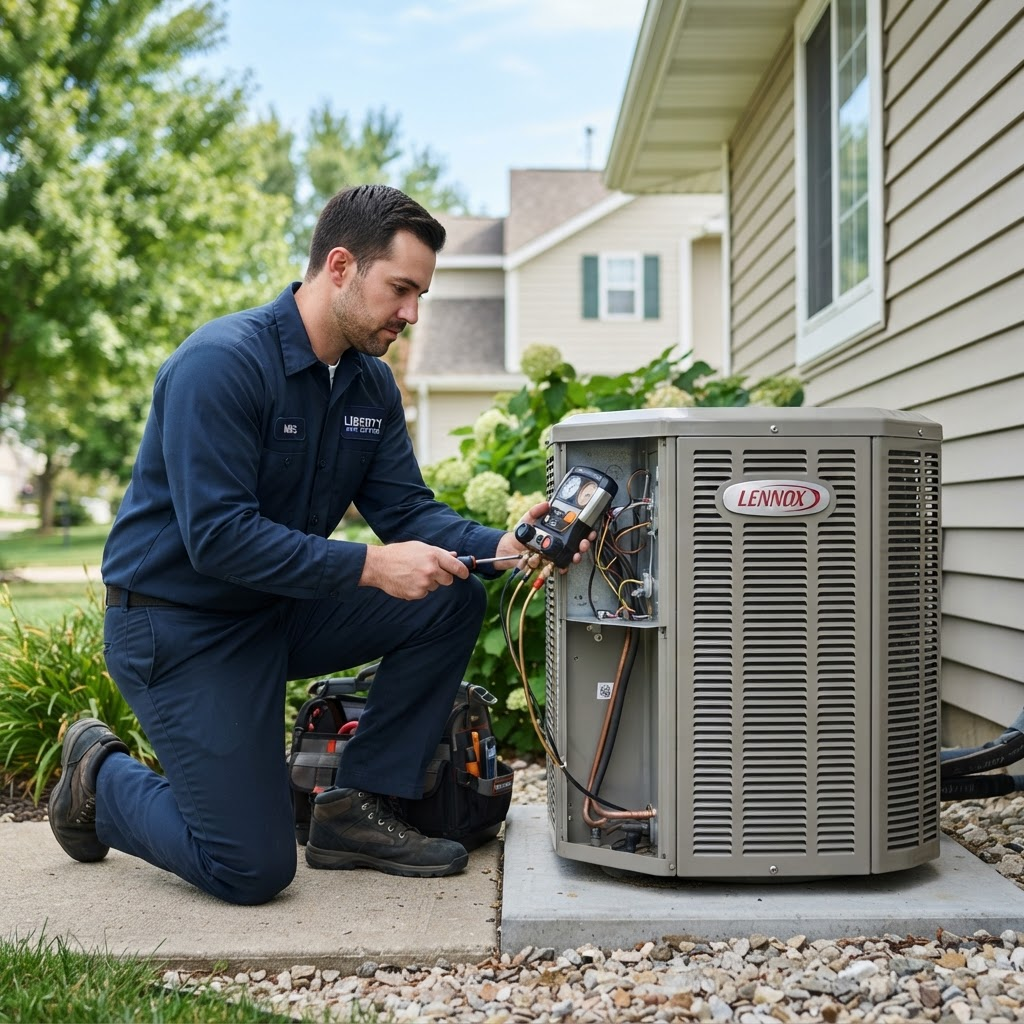 Summit Climate technician servicing an outdoor air conditioning unit at a home